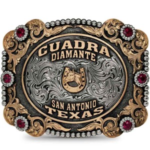 A custom belt buckle for men featuring a personalized western figure and lettering 